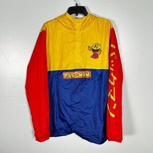 Pac-Man Jacket Mens XL Blue Yellow Color Block Graphic Bandai Namco Windbreaker